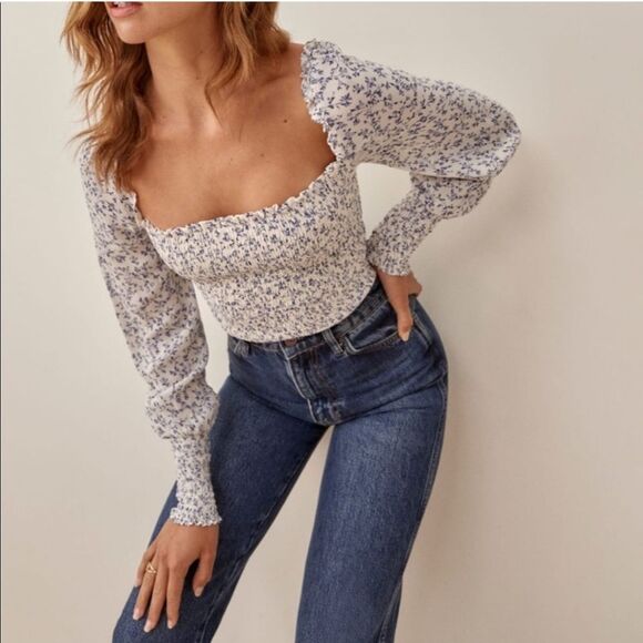 Reformation Pinto Top White Blue Blouse Long Sleeve Floral Size S - Picture 3 of 8